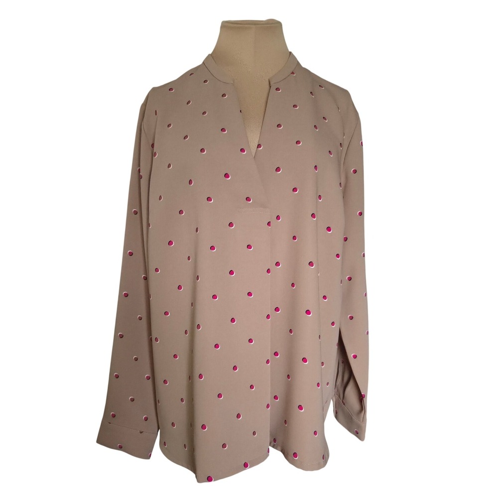J. Jill Wearever Easy Care Blouse Tan Pink Polka Dot Split Neck Top M WTP312551